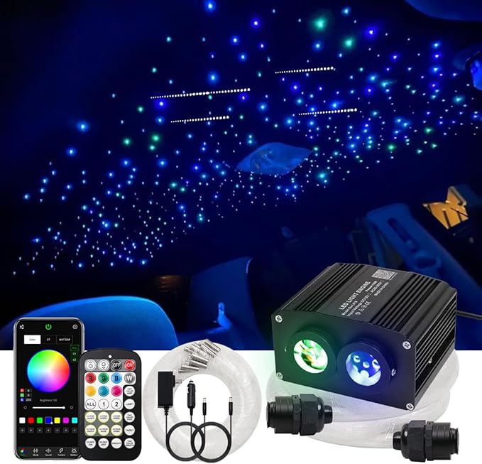 AZIMOM Dual Color 700pcs 0.03in 9.8ft Twinkle Fiber Optic Starlight Headliner+ Pure White Meteor 240pcs Shooting Star, Sound Mode APP& Remote Control 2 in 1Starlight Meteor Kits for Car Home Ceiling