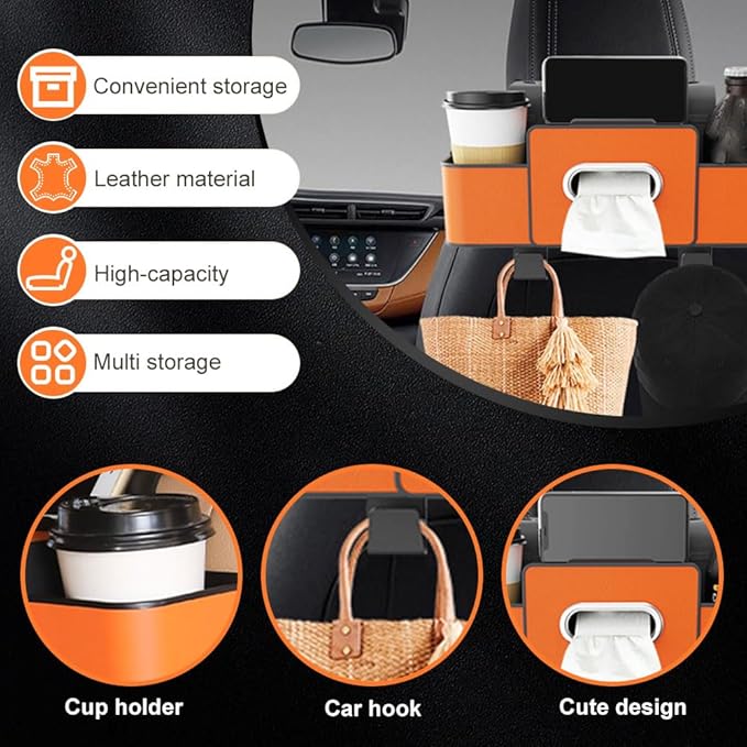 Cars Seat Back Bag, 2025 Upgrade Car Rear Backseat Extra Multifunctional Car Seat Back Storage Box, Multifunctional Car Seat Tissue Organizer with 2 Drink Cup Holder 2 Hooks (Black)