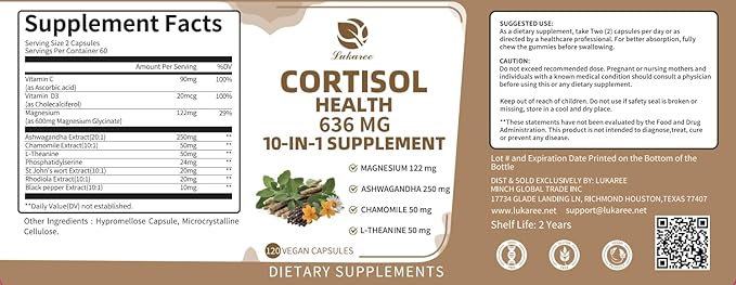 10-in-1 Cortisol Supplements with Magnesium, Ashwagandha, Chamomile, L-Theanine, Phosphatidylserine, St. John's Wort, Rhodiola, Vitamin C & D3, for Women Men, 120 Vegan Capsules for 2 Month, Non-GMO