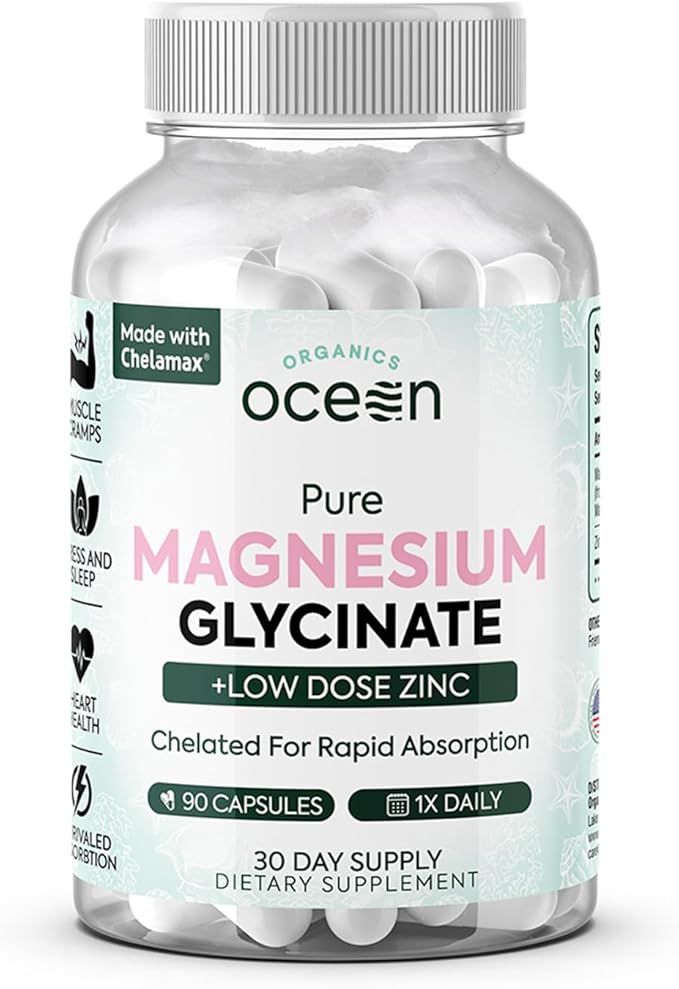 Pure Magnesium Glycinate with Zinc - Maximum Strength Chelated Magnesium Supplement for Women and Men for Muscle Cramps and Sleep Support - 90 Capsule