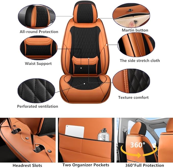 Front Seat Car Seat Covers Custom Fit for Ford Escape 2001-2026 - Premium Faux Leather with Lumbar Support | Breathable, Waterproof, Anti-Slip, Durable (Black&Brown,Front Seat)