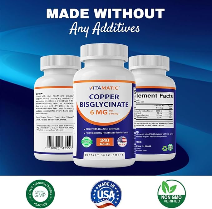 Vitamatic Copper Bisglycinate 6 mg Made with Vitamin D3 2000 IU, Zinc 50mg, Selenium 50mcg - 240 Tablets - Non-GMO & Gluten Free