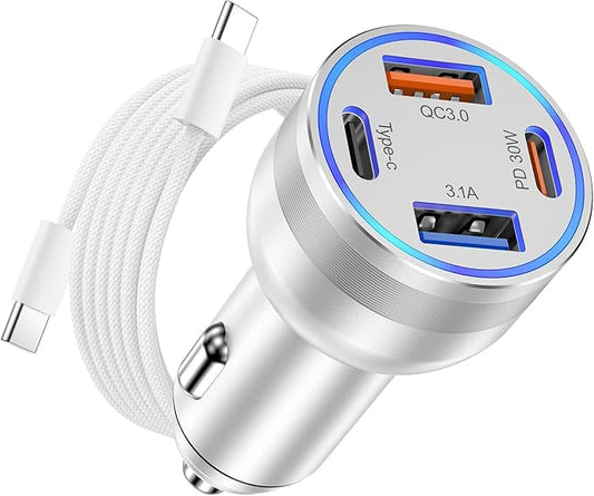 65W iPhone 17/16 Pro Max USB C Car Charger, 4-Port USB-C&USB-A Car Charger Adapter Fast Charging USB C Cigarette Lighter Adapter+6FT Braided Type C Cable for iPhone 17/16/15 Pro Max,iPad