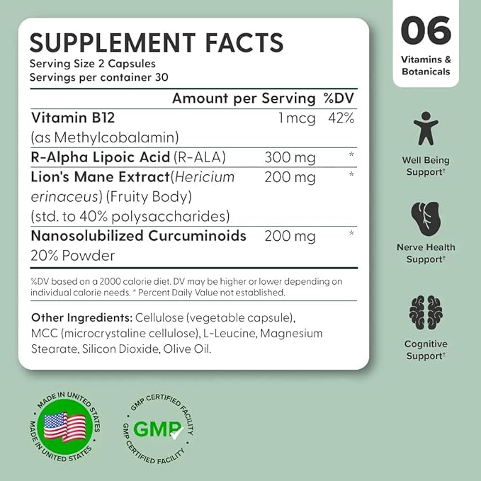 nooro Nerve Prime Supplement - R-Alpha Lipoic Acid, Lion’s Mane Mushroom, and Curcumin, Well-Being Support, Cognitive Function, Antioxidant Protection, 30-Day Supply