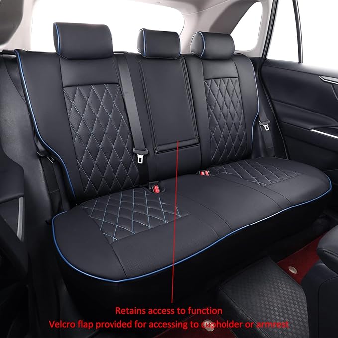 EKR Rav4 Seat Covers Custom Fit for Toyota Rav4(Gasoline) 2019 2020 2021 2022 2023 2024 2025 LE/XLE/XLE Premium/Limited,Leather Car Seat Cover Full Set for SUV,Faux Leather(Black with Blue Piping)