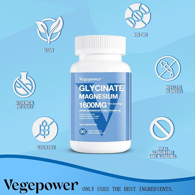 Magnesium Glycinate 1600mg Supplements - with Vitamin B6 & Zinc, Vitamin D3, Chelated Magnesium for Sleep, Muscle, Bone and Immune Health, High Absorption Magnesio, Non-GMO, Vegan 90 Capsules