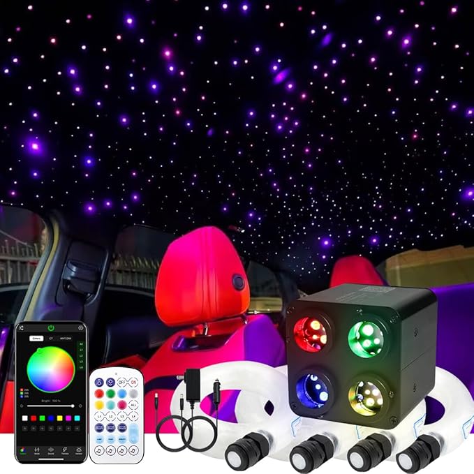 AZIMOM 4Port 36W Twinkle 1000pcs 0.03in 13.1ft Fiber Optic Starlight Headliner Kits 4Colors Light Source Sound Activated Remote APP Control Home Indoor Ceiling Car Headliner Decoration