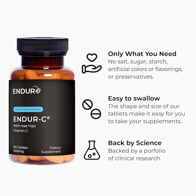 ENDUR-C®, Time Release Vitamin C Supplement Tablets For Optimal Absorption, Ascorbic Acid & Vitamin C with Rose Hips, 1000mg, 150 Tablets