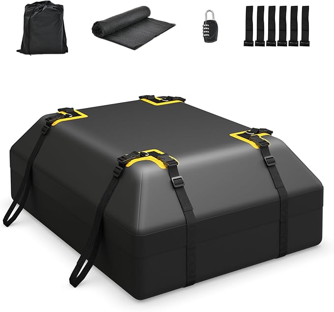 Goplus 15 Cu.Ft Roof Bag Cargo Carrier, Roof Top Luggage Bag for All Vehicles with/Without Roof Racks, Non-Slip Mat, Digital Lock, Waterproof Roof Bag for Various Cars w/6 Door Hooks (15 Cu.Ft)
