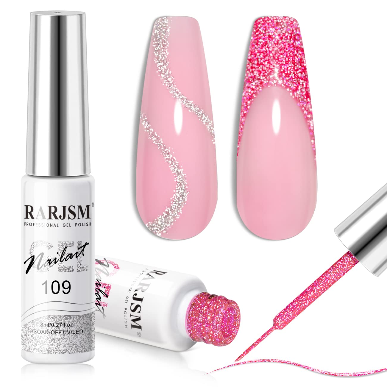RARJSM Gel Liner Nail Art Reflective Glitter Gel Nail Polish Thin Brush Silver Neon Hot Pink Flash Diamond Painted Gel 2PCS Set Soak Off Curing Requires 8ml for Home Salon DIY Nail Design Decoration