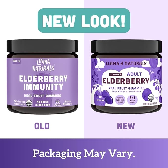 Llama Naturals Elderberry Gummies for Adults, Vegan, Organic Immune Support Supplement with Vitamin C and Zinc, Real Fruit Gummy Vitamins for Immunity, Chewable, No Added Sugar Cane, 90 Ct