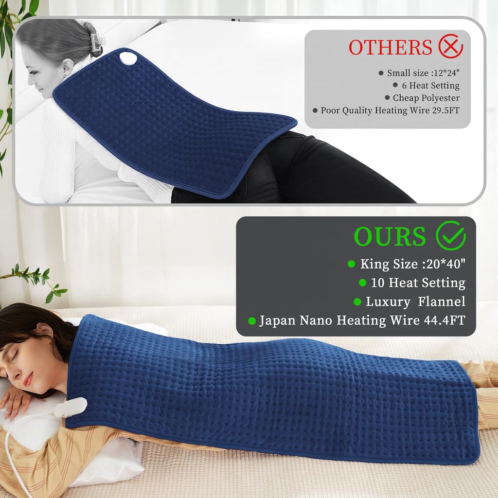 Large Heating Pad,TOPSOSO 20"x40" Extra Large Heating Pad for Back Pain Relief Electric Heating for Period Cramps Shoulders Pain Relief Moist/Dry Heat 10 Heat Setting Auto Shut Off Gift for Women Men