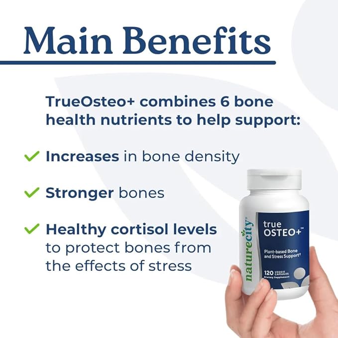 NatureCity True-Osteo+ for Bone Strength & Density | Plant Based Calcium Supplement with Organic AlgaeCal Calcium & Magnesium, Vitamin D3, K2, Silicon & Stress Support | 120 Veggie Capsules