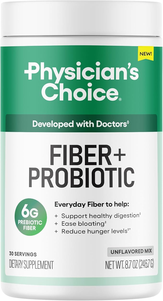 Physician's CHOICE Fiber & Probiotic Powder - Supports Regularity, Bloating, Gas, & Digestive Health - Organic Prebiotics - Sugar Free Fiber Supplement for Women & Men - Unflavored - 8.7oz