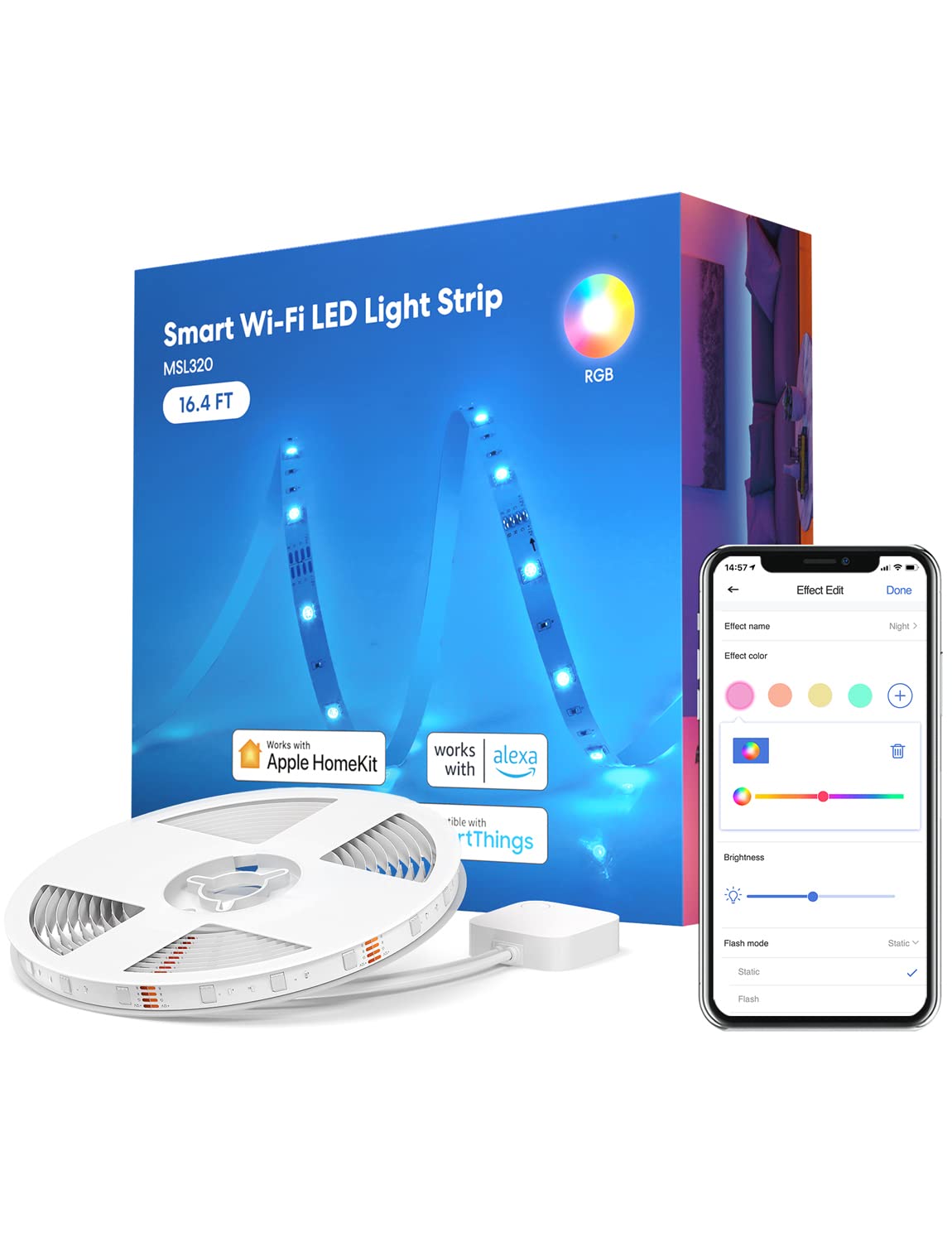 meross Smart LED Strip Lights, 16.4ft WiFi Strip Work with Apple HomeKit, Alexa, Google Home, and SmartThings, 16 Million Colors with App Control and RGB LED Lights for Bedroom, Living Room, Kitchen