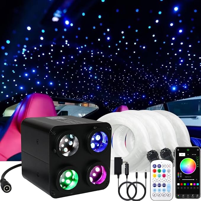 AMKI Updated 4Color Twinkle 36w Starlight Headliner Kits 900pcs 0.03in 9.8ft Fiber Optic Light Cable 4 Ports Starlight Box App/Remote Control Sound Mode for Car Home Ceiling Decoration