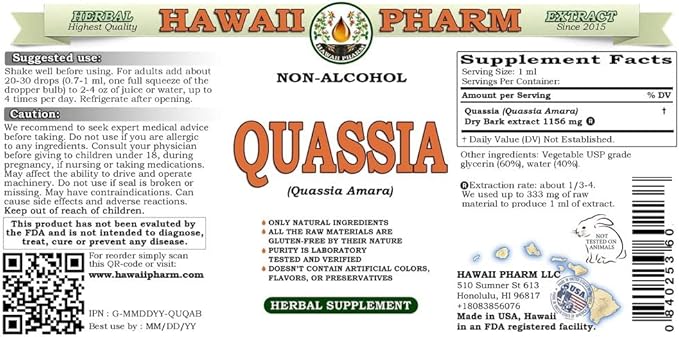 Quassia Alcohol-Free Liquid Extract, Quassia (Quassia Amara) Dried Bark Glycerite Natural Herbal Supplement, Hawaii Pharm, USA 4x4 fl.oz