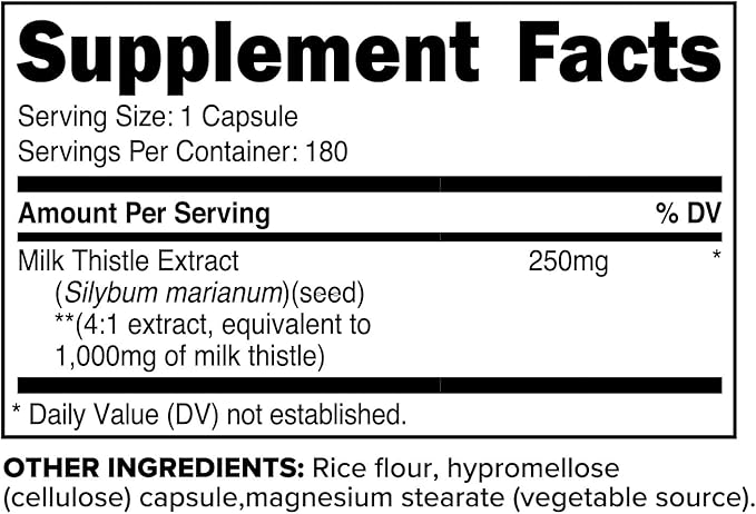 Primaforce Milk Thistle 180 Capsules 1000mg Equivalent - Gluten Free, Non-GMO Dietary Supplement, from 250mg of 4:1 Extract