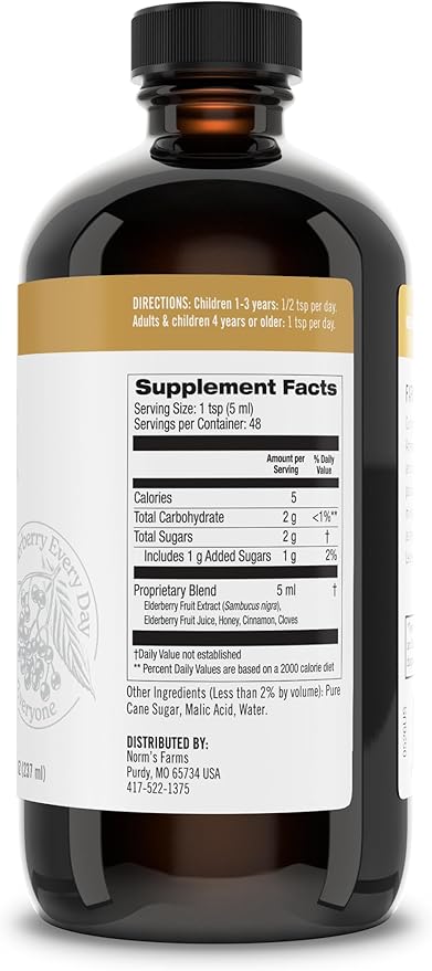 Norm's Farms Black Elderberry Wellness Syrup + Honey, Cinnamon, & Cloves - Natural Immune Support - Kosher, Gluten Free, Non-GMO - 8 Oz. Bottle