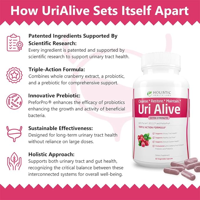 Uri Alive Extra Strength Urinary Support Supplement for Urinary Tract, Bladder, Gut Flora, and Immune System Health (60 Count (Pack of 2))
