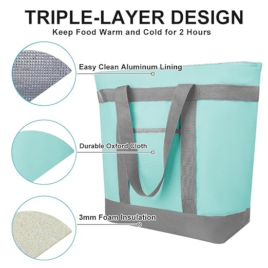 CIVJET 2Pk Insulated Reusable Tote Bag for Grocery Shopping for Women/Men, Pizza/Food Delivery Bag to Keep Food Cold/Hot for Professional Catering, Cooler bags for Travel/Beach/Picnic, Green