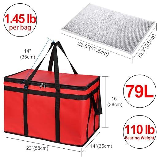 CIVJET Insulated Food Delivery Bag with Hard Bottom, XXX-Large Insulated Reusable Grocery Cooler/Hot Bags, Tote Bag for Shopping/Travel, Red, 3-Pack