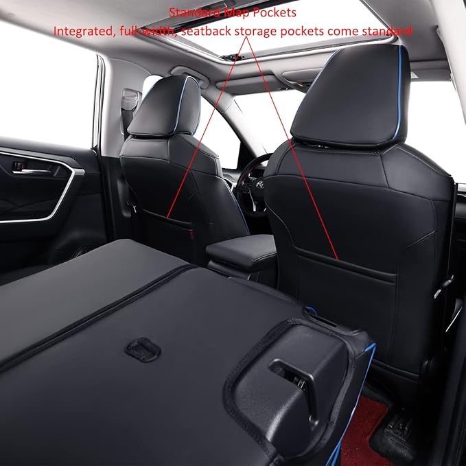 EKR Rav4 Seat Covers Custom Fit for Toyota Rav4(Gasoline) 2019 2020 2021 2022 2023 2024 2025 LE/XLE/XLE Premium/Limited,Leather Car Seat Cover Full Set for SUV,Faux Leather(Black with Blue Piping)