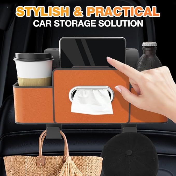 3-in-1 Car Backseat Organizer with Cup Holder, Tissue Box, Trash Bin & Hooks,Multifunctional Back Seat Car Organizer for Hold Phones,Snacks,Drinks,and Handbags (Orange)