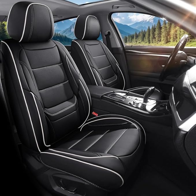 Car Seat Covers Full Set Custom Fit for Buick Century 1997-2005-Luxury Leather with Lumbar Support, Breathable, Waterproof, Anti-Slip, Durable, Easy to Install (Black&White,Full Set)