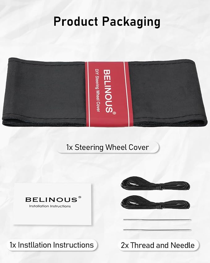 Belinous Suede Leather Steering Wheel Cover, DIY Stitch-On Steering Wheel Wrap with Needle & Thread, Non-Slip & Sweat-Absorbing, Universal Fit for 13.75-16 Inch (Size L3, Black)