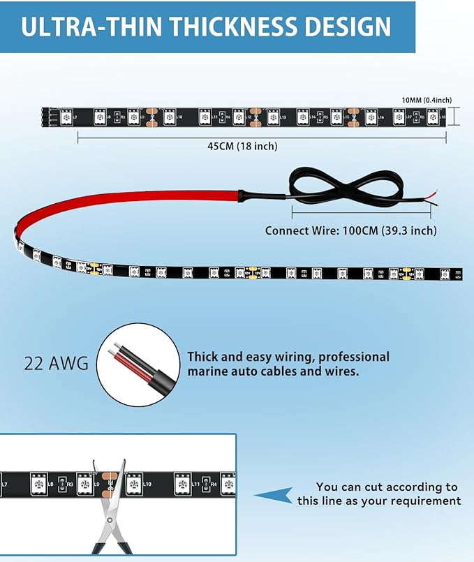 12V Led Light Strip 18" Connectable Blue LEDs Strip Lights for Car Motorcycle Golf Cart Automotive Trucks Boat Marine Waterproof Led Light Strip, 4Pack