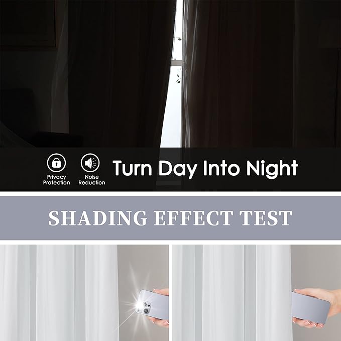 Bujasso White Full Blackout Curtain Panels with Sheer Overlay Mix and Match Double Layer Thermal Insulated Window Treatment Set for Living Room White Drapes with Tiebacks Grommet Top 37" Wx108 Lx2
