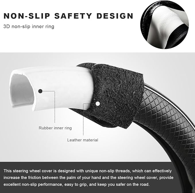 Car Steering Wheel Cover, 15 Inch Anti-Slip Breathable Leather Auto Steering Wheel Protector, Full Surround Soft Steering Wheel Cover for Men Women, Car Interior Accessories (Black & Red)