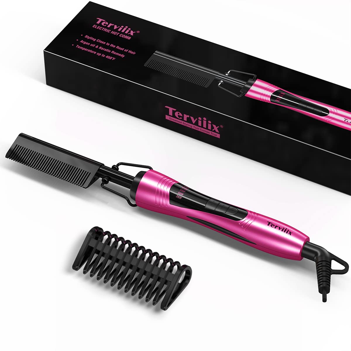 Hot Comb Electric By Terviiix, Pressing Combs For Natural Black Hair, Wigs & Beard, Anti-Scald Straightening Comb With Keratin &