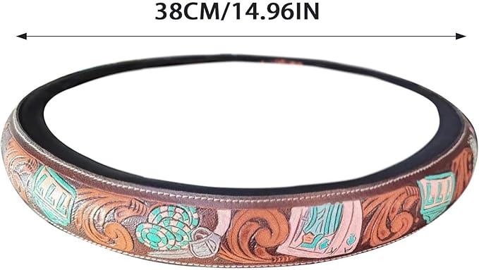 Steering Wheel Cover Western Car Tooled Leather Retro Cowboy Car & Truck Accessory, Universal 15 Inch Non Slip Wheel Cover for SUV, Pickup, Comfortable Grip, Easy to Install (Orange)