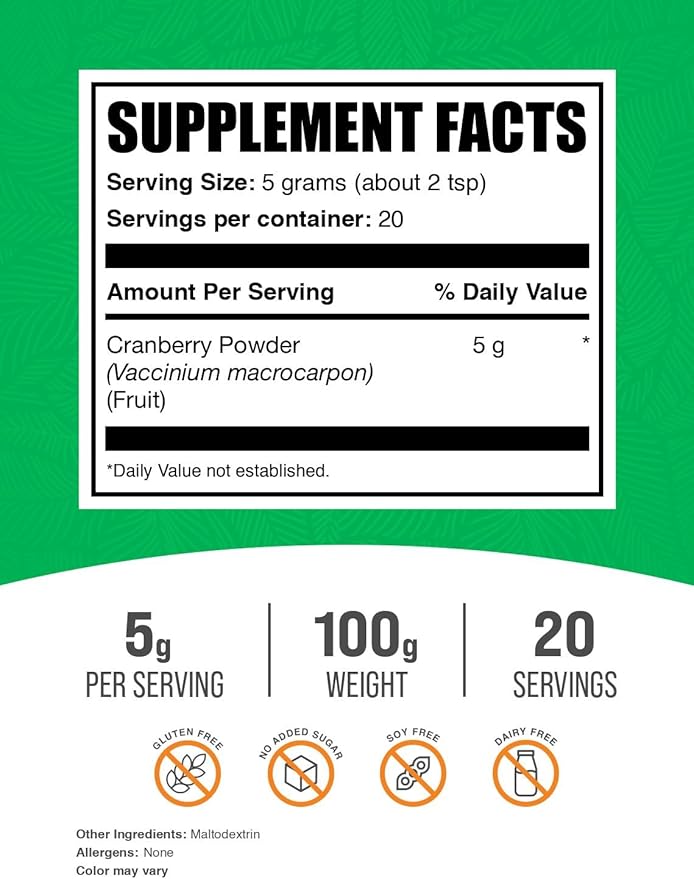 BulkSupplements.com Cranberry Powder - Cranberry Supplements for Women & Men, Dried Cranberries Unsweetened - Gluten Free & Sugar Free, 5g per Serving, 100g (3.5 oz) (Pack of 1)