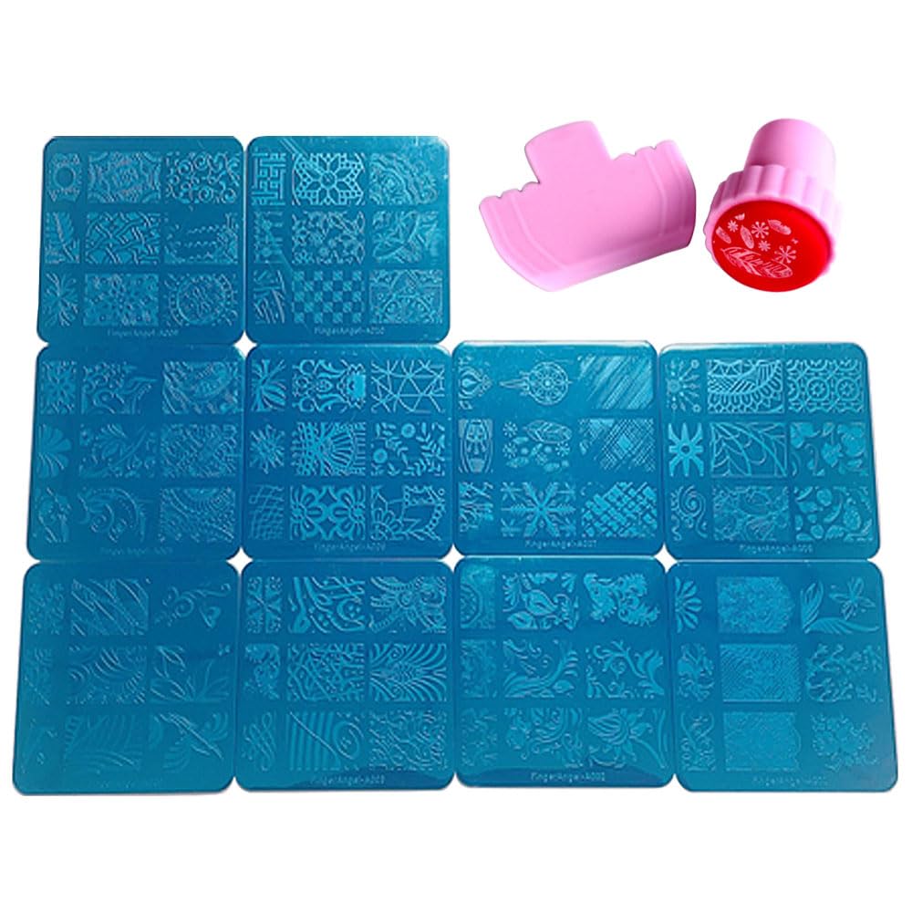 Fingeangel 10Pcs Nail Plates +1 Nail Stamper + 1 Nail Scraper Nail Art Image Stamp Stamping Plates Manicure Template Nail Art To