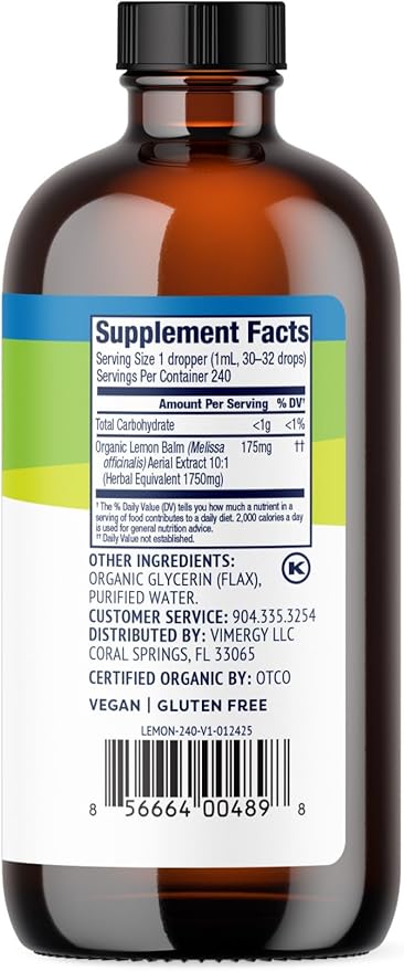Vimergy Organic Lemon Balm Tincture Herbal Supplement – 175 mg of 10:1 Lemon Balm Extract per Serving, can be Used in Tea - USDA Certified Organic, Non-GMO, Alcohol-Free – 240 mL (1 mL/Serving)