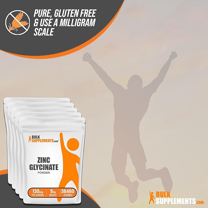 BulkSupplements.com Zinc Glycinate Powder - Zinc Supplements, Zinc 40mg, Zinc Powder - Zinc Mineral Supplement, for Immune Support - Gluten Free, 130mg per Serving, 5kg (11 lbs)