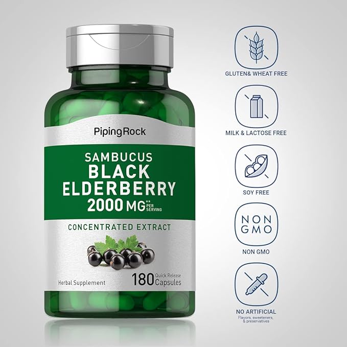 Piping Rock Elderberry Capsules | 2000 mg | 180 Pills | Sambucus Herbal Extract Supplement | Concentrated Extract | Non-GMO, Gluten Free