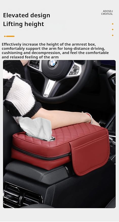 Center Console Cover Arm Rest Cover Cushion Leather Car Armrest Box Pad with Pocket and Tissue Box Auto Armrest Cover for Sedan Vehicle (Beige)