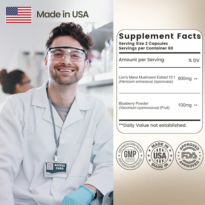 Organic Lion’s Mane Capsule: 10:1 Concentration Equals 10,000mg Mushroom, Enhanced with Blueberry for Vitality, Mental Clarity, and Concentration – 60 Plant-Based Capsules (No Tablets/Powder)