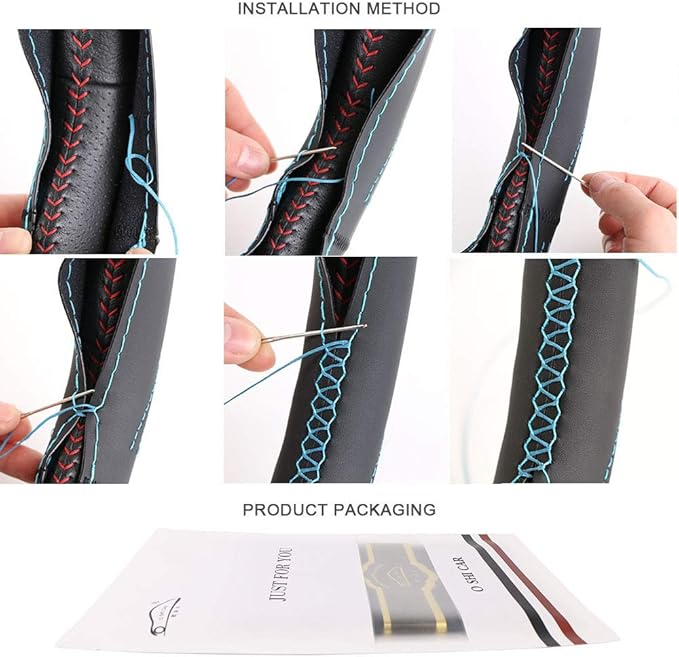 19.6 Inch Artificial Leather Car Steering Wheel Cover with Needles and Thread DIY Hand Sewing Anti-Slip Auto Steering Cover for Volvo Mercedes Actros Etc Black