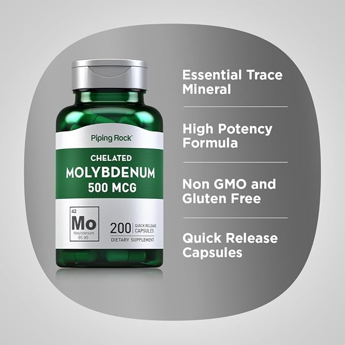 Piping Rock Molybdenum Supplement | 500 mcg | 200 Capsules | Chelated Molybdenum Amino Acid | Non-GMO, Gluten Free