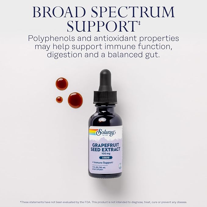 SOLARAY Grapefruit Seed Extract Liquid 100mg - Immune Support Supplement w/Antioxidants and Polyphenols - Gut Health and Digestion Support - 60-Day Guarantee, Lab Verified, Approx. 100 Serv, 1 FL OZ