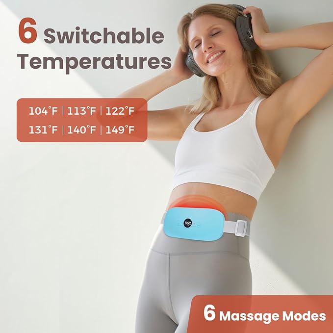 NOWWISH Heating Pad for Period Cramps Pain Relief, Portable Electric Cordless Menstrual Heating Pad Rechargeable with 6 Heat Levels and 6 Massage Modes, College Dorm Room Essentials for Girls, Blue