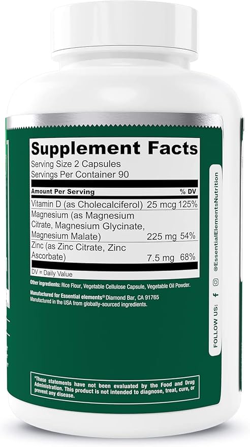 Essential Elements Magnesium & Zinc with Vitamin D3 for Sleep Immune & Bone Support - Magnesium Glycinate, Malate, Citrate 225mg - Triple Magnesium Supplement for Women and Men - 9 Month Supply