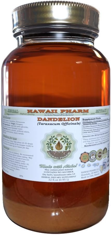 Dandelion Alcohol-Free Liquid Extract, Organic Dandelion (Taraxacum Officinale) Dried Leaf Glycerite Hawaii Pharm Natural Herbal Supplement 32 oz Unfiltered