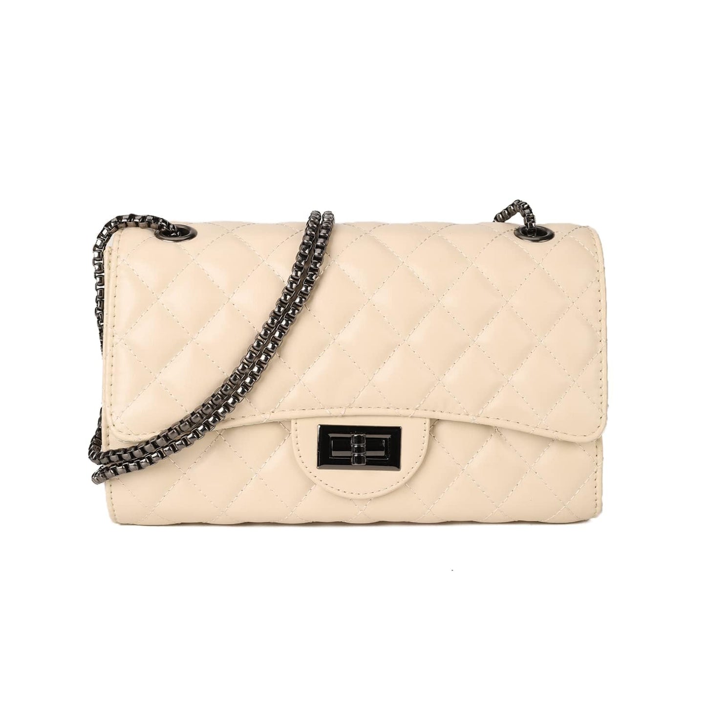 Gladdon Quilted Crossbody Purse for Women Trendy Ladies Shoulder Bag with Chain Designer Purses Beige I