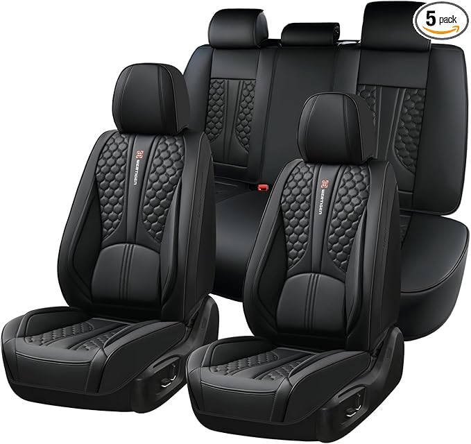 Black Universal Car Seat Covers Premium Nappa Leather with Lumbar Support Waterproof Full Set Non-Slip Contoured Fit Airbag Compatible Fits Most Vehicles Easy to Clean and Install